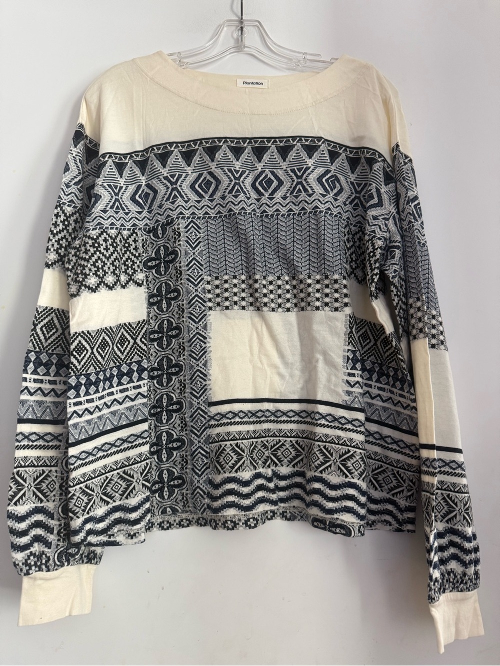 Plantation Mixed Pattern Geometric Knit Top Cream Navy Relaxed Fit Art to Wear M